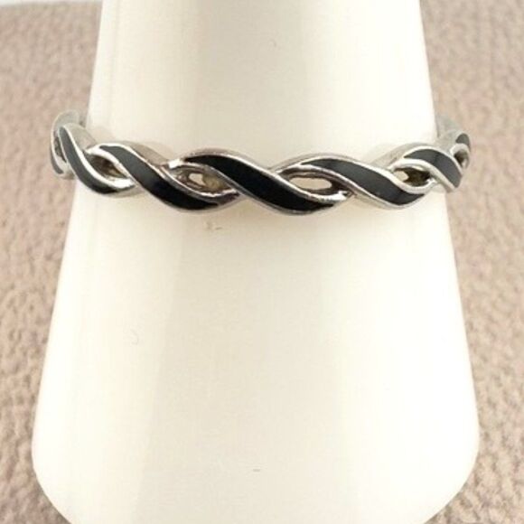 Stackable Woven Black Enamel Eternity Ring Sterling Silver925 Band Sz 10 - Picture 3 of 6